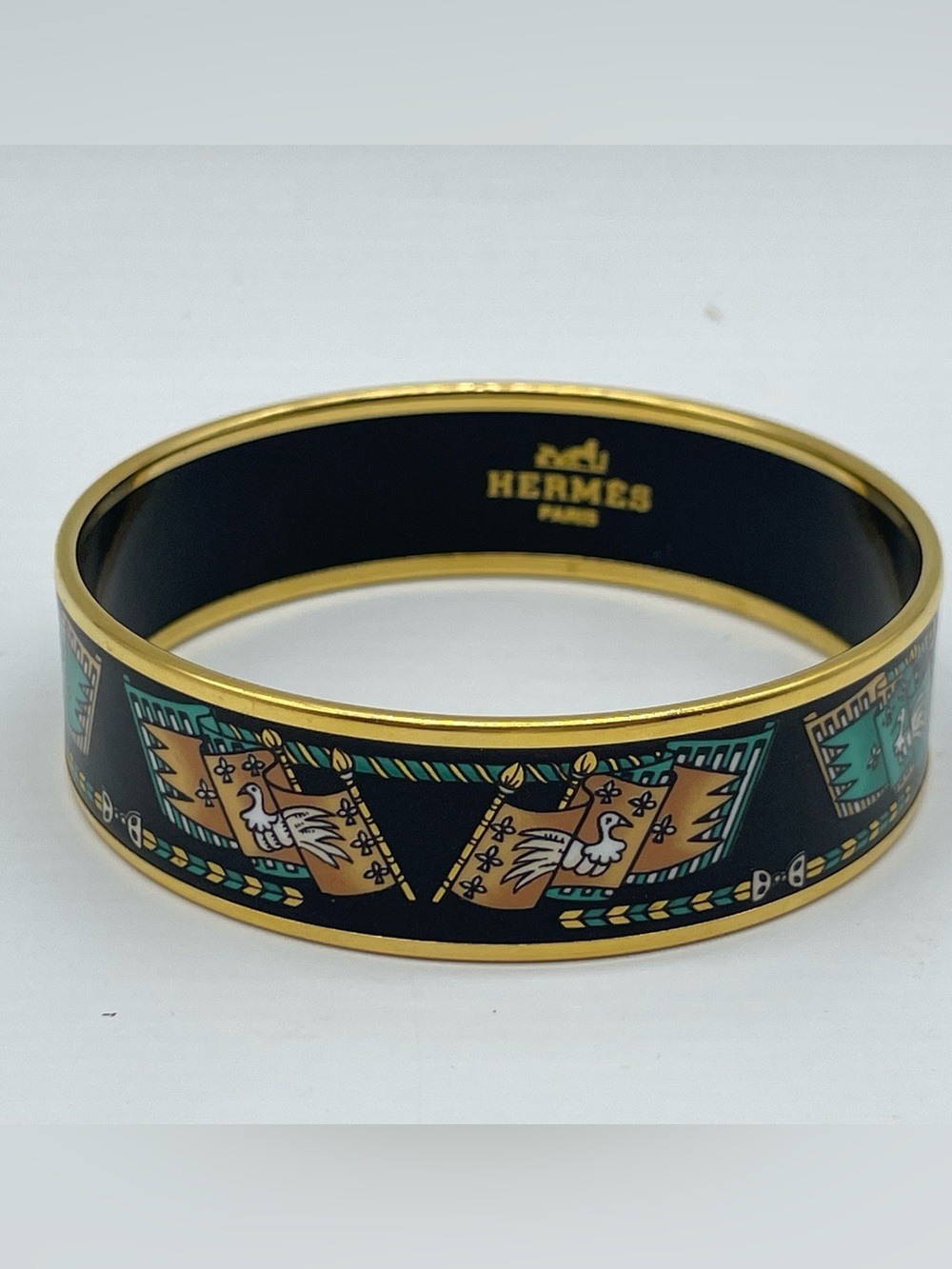 Hermes Black Enamel Bangle with Gold Trim